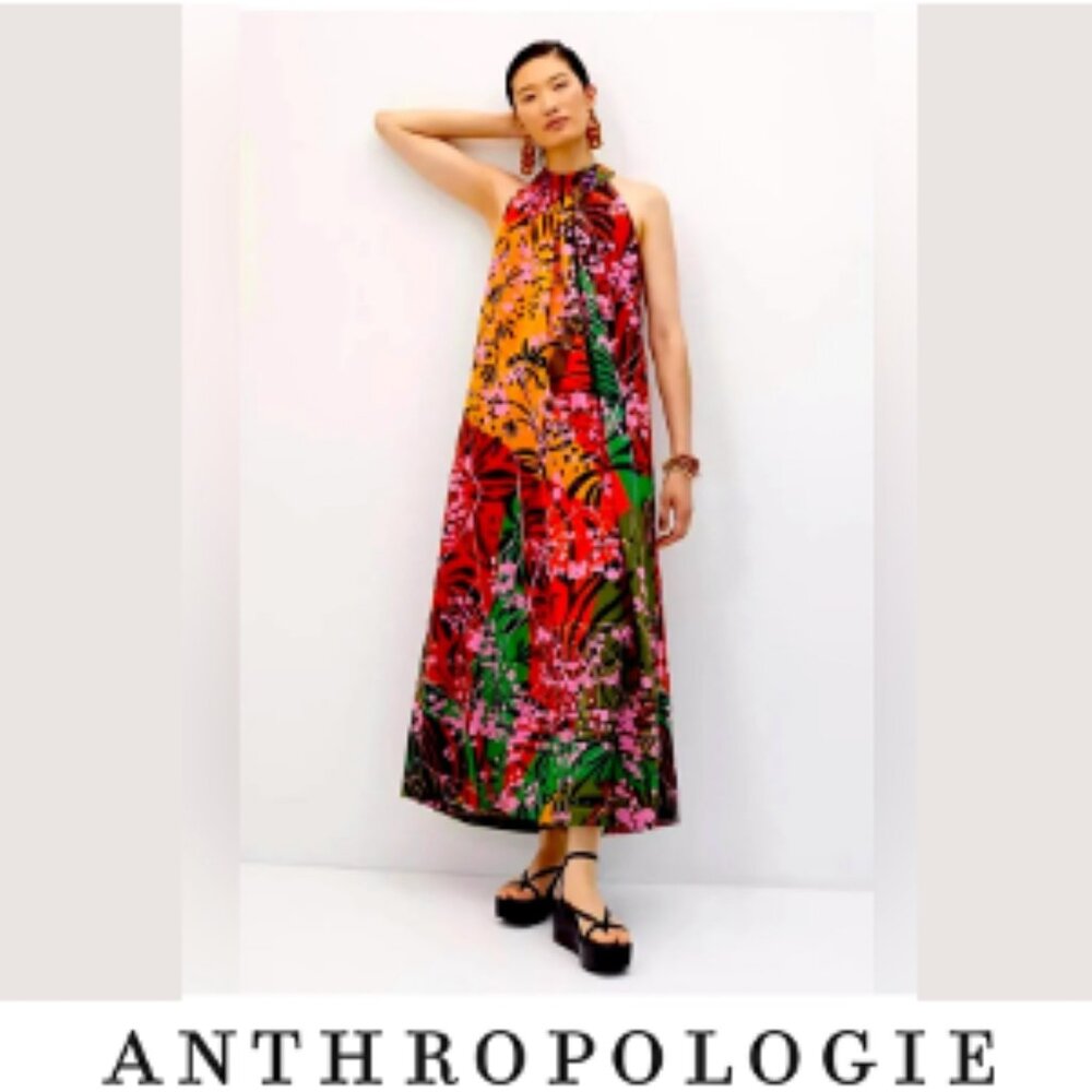 Anthropologie Tropical Print Halter Neckline Dress - L